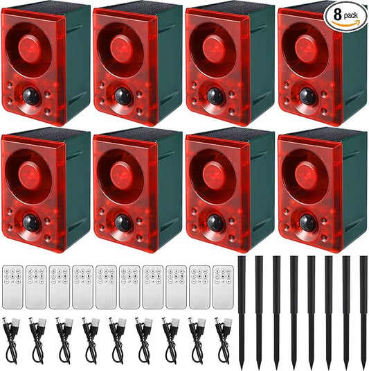 Qualirey Solar Outdoor Motion Sensor Alarm with Stake Gunshot Sound Dog Barking, 3 Modes Support Recording and Adjustable Volume USB Charging 129 dB Loud Noise Maker for Animal Deterrent (8 Pcs)