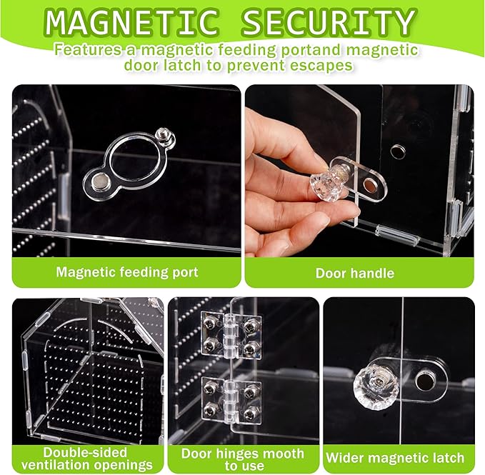 Jumping Spider Enclosure, 8.8" x 7.1" x 8.2" Acrylic Tarantula Enclosure with Feeding Hole and Magnetic Door, Reptile Terrarium Habitat for Tarantula, Spiders, Beetle, Mantis