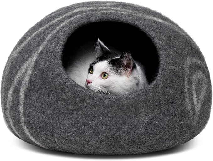 Cat Cave – Premium Felt Cat Bed Enclosure for Indoor Cats, Handmade Merino Wool (Dark Grey, Large)