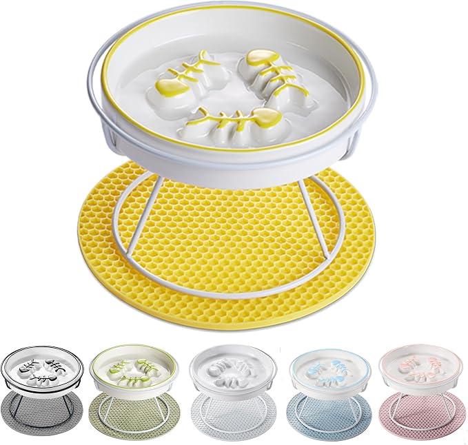 Ceramic Slow Feeder Cat Bowl, Elevated Whisker Friendly Design, Yellow