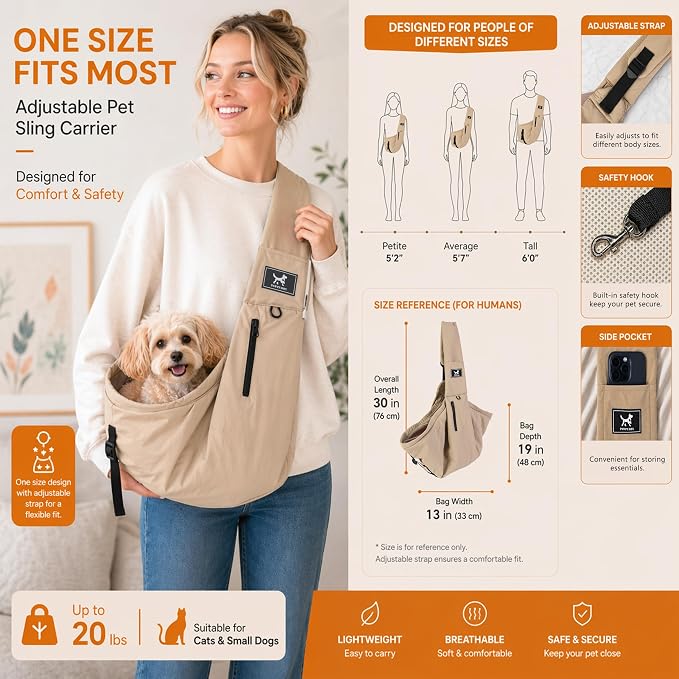 Dog Sling Carrier for Small Dogs & Cats 5-20 lbs, Adjustable Depth | Breathable Air Mesh Puppy Sling, Water-Resistant Travel Bag, Double Safety Leash, Machine Washable, Hands-Free Pouch, Caramel