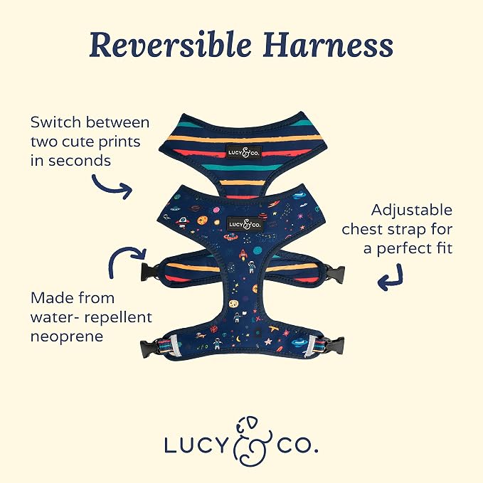 Lucy & Co. Reversible Dog Harness - Water-Repellent Neoprene, Dual-Print Design, Easy Swap Style, Adjustable Comfort Fit - Space Doodle Reversible Harness - X-Small