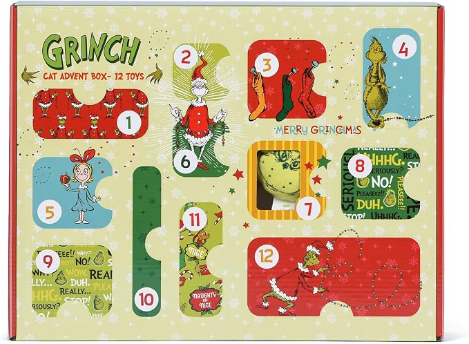 Dr. Seuss for Pets How the Grinch Stole Christmas Cat Advent Box with 12 Surprise Toys and Accessories Cat Stocking Stuffers, Cat Christmas Gifts, Christmas Gifts for Cats