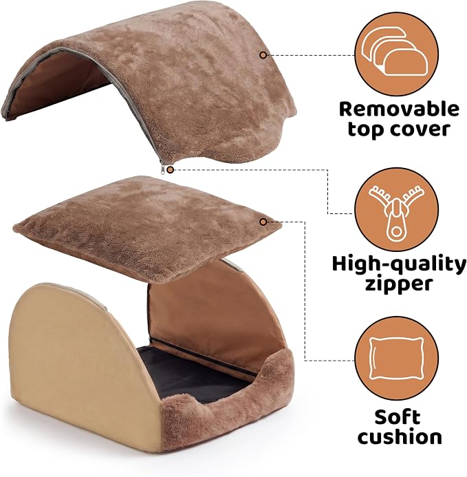LATIBELL Indoor Puppy House Foldable Pet Tent Cave Bed ，Brown | Covered Cave Bed, For Small Dogs and Cats, Removable Washable Puppy Kennel, Soft Cushion