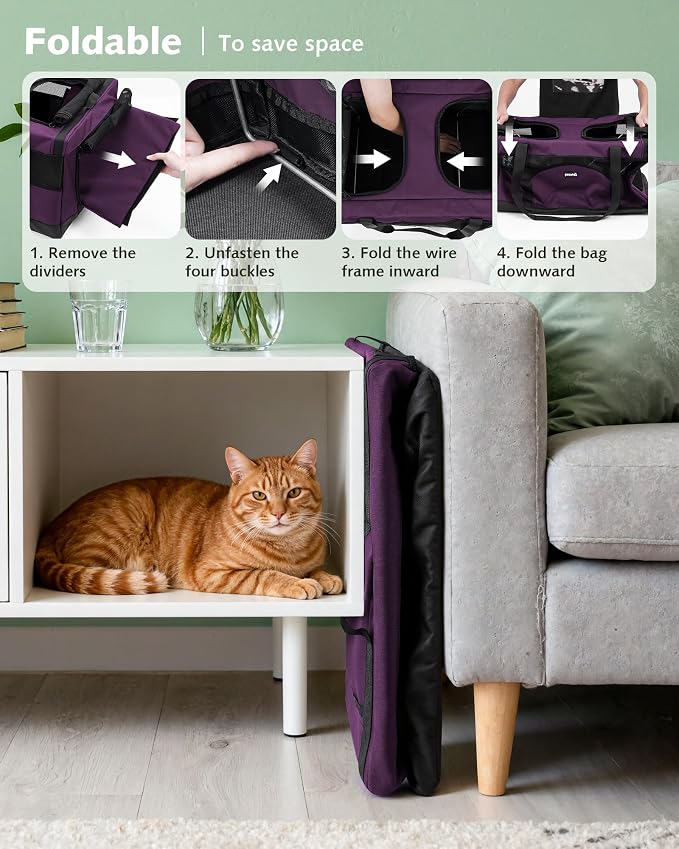 Pecute Cat Carrier, Soft Double Pet Crate for 2 Cats Travel, Purple | 5mm Anti-collapse Frame, Convertible Dual Space, Foldable, Polyester Breathable mesh, Up to 26 lbs, Car Travel & Vet Visits