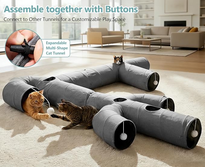 Ownpets Cactus Cat Tunnel 10" with Peek Holes for Indoor Large Cat, Grey | Durable Oxford fabric, noise-free, foldable & connectable, multi-cat friendly, tube for cats up to 20lb, includes ball & wand
