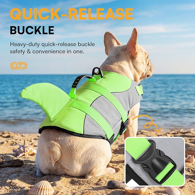 Dog Life Jacket Ripstop Shark Dog Safety Vest Adjustable Preserver with High Buoyancy and Durable Rescue Handle for Small,Medium,Large Dogs, Green Shark Large
