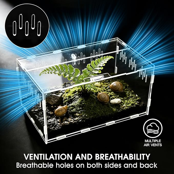 Acrylic Reptile Terrarium, Tarantula Enclosure with Magnetic Door, Easy-Clean Reptile Tank for Spider, Insect, Gecko, Mantis, Frog, Snail, Isopods(Tweezer and Bowl Included)