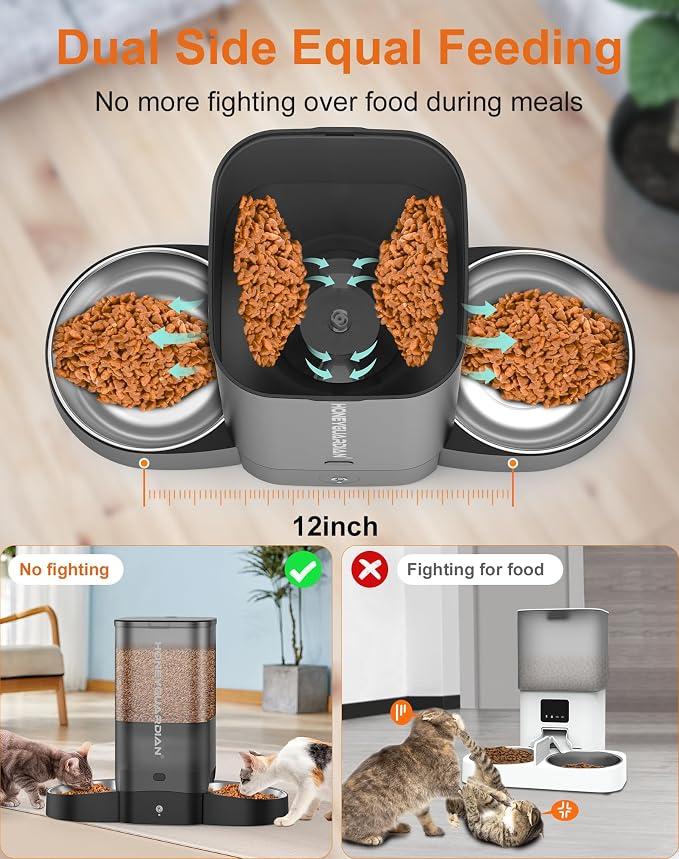 HoneyGuaridan 5L Automatic Cat Feeder for Two Cats, 2.4/5G WiFi Smart Feed Pet Feeder with Stainless Steel Bowl,APP Control Dispenser, Dual Power Supply,Desiccant Bag,10s Meal Call Black | Pet Feeder with Stainless Steel Bowl,APP Control Cat Food Dispe...