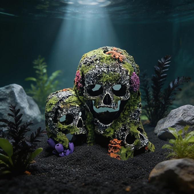 Betta Fish Tank Decorations Hideout - Triple Skull Hiding Cave for Aquarium, Resin Ornament with Artificial Moss Texture and Multiple Entrances for Shrimp, Small Fish - 7.3x4.9x6.1inch