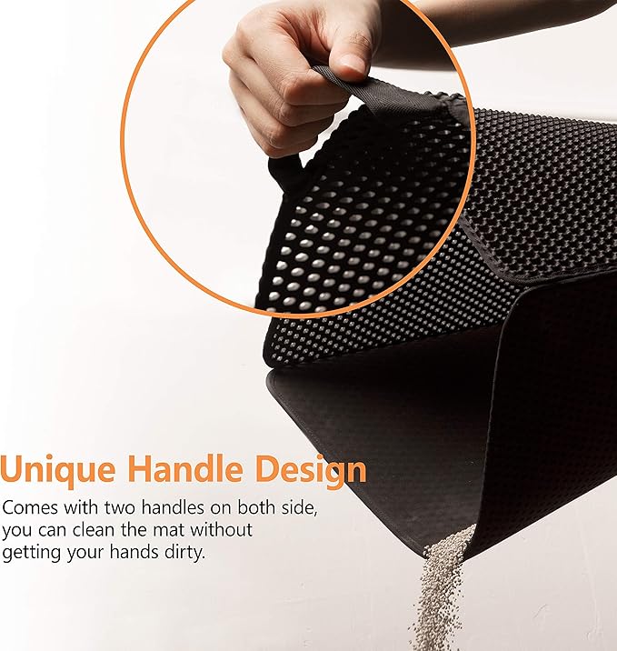 Cat Litter Mat-30"X24" Large Litter BoxTrapping Mat for Kitty EVA Honeycomb Double Layer Design, Urine & Waterproof with Handle Design Easier to Clean, Washable, Black