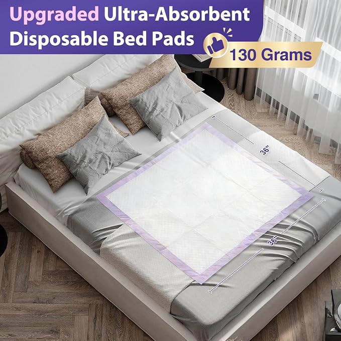 MILDPLUS Disposable Underpads 36"x36", 50 Count (Purple) | 130 Grams Heavy Duty Bed Pads, Anti-Slip Film, Extra Large Chucks Pads, 3XL Thicker Incontinence Pads for Adults, Kids or Pet