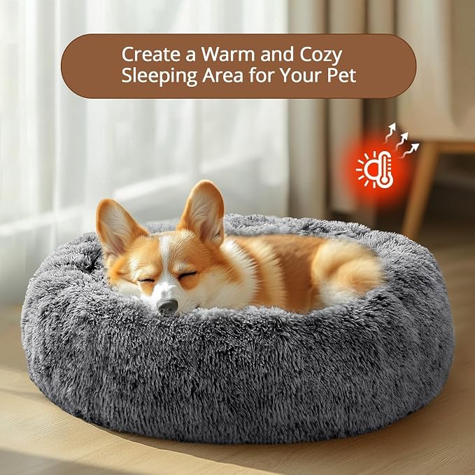 JOLLYVOGUE Calming Dog Beds Large Sized Dog, 36in Donut Washable Large Pet Bed, Anti-Slip & Anti-Anxiety Fluffy Faux Fur Round Dogs Bed, Fits up to 80 lbs Pets (Smoke Black)