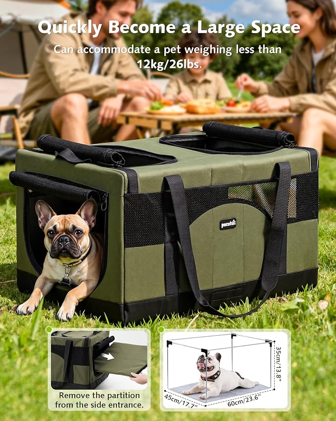 Pecute Cat Carrier, Soft Double Pet Crate for 2 Cats Travel, Green | 5mm Anti-collapse Frame, Convertible Dual Space, Foldable, Polyester Breathable mesh, Up to 26 lbs, Car Travel & Vet Visits