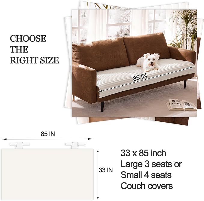 Dual Non-Slip Couch Cover for Dogs Waterproof, Fuzzy Soft Pet Couch Covers for Sofa 3 Cushion, Pet Friendly Soft Dog Bed Covers Sofa Cover Washable (White, 33" x 85" 1 Pack)