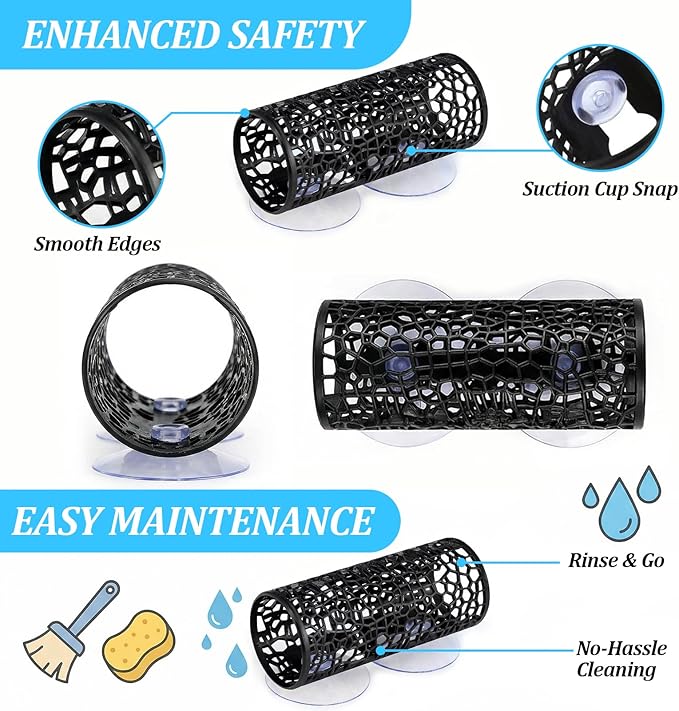 Betta Fish Tank Accessories, 2 Pcs Black Tunnel Cave with Suction Cups, Hollow Hammock Hideout Tube Shelter for Small Fish Shrimp Guppies