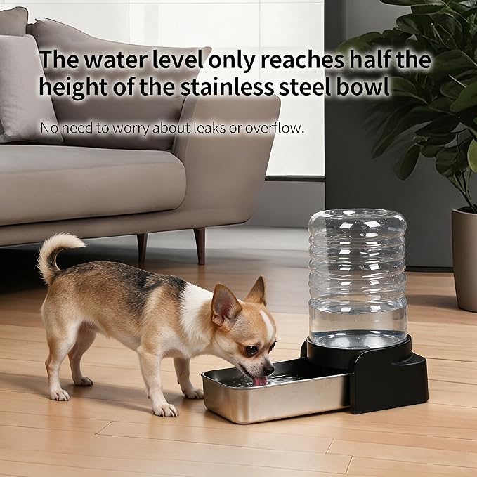 PAKEWAY 1.1 Gallon Gravity Water Dispenser for Cats and Small Dogs, Automatic Pet Waterer with Stainless Steel Bowl, Transparent Tank and 3 Filters, 4.1L