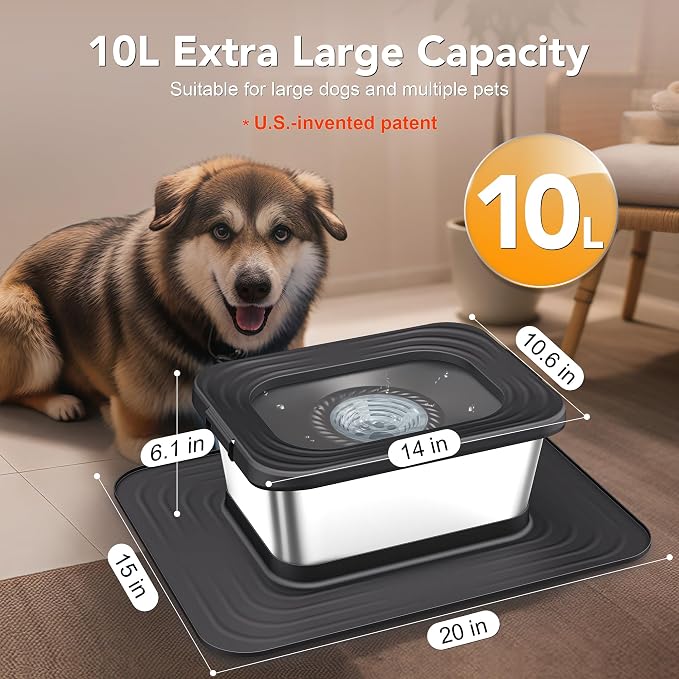 Decflow 10L Stainless Steel Dog Water Bowl, No Spill Anti-Splash Bowls | Slow Drinking for Messy Drinkers, XXl Anti-Skid Silicone Mat,Heavy Duty Pet Bowls for Indoor/Outdoor Use