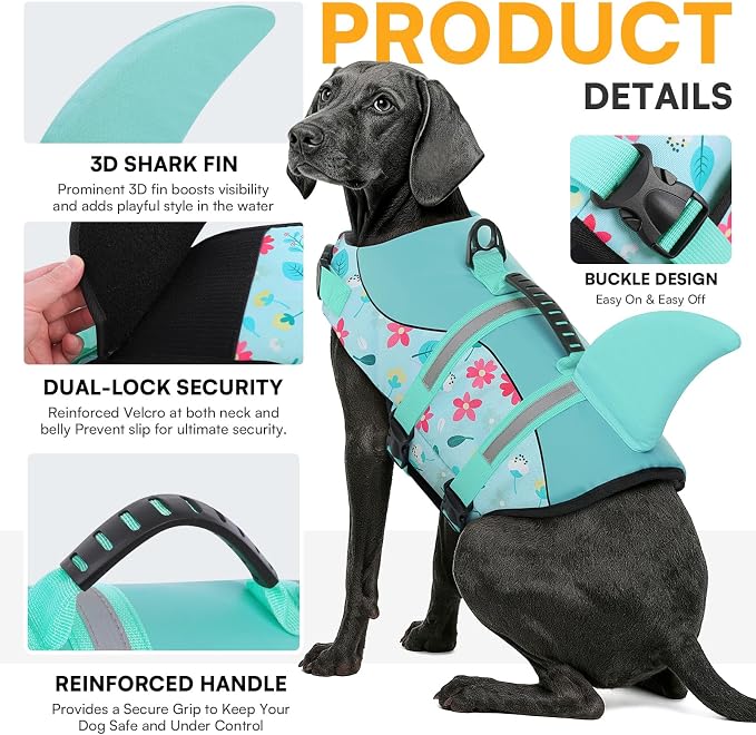 Dog Life Jacket, Dog Life Vest for Swimming, Medium Dogs Shark Safety Vest Adjustable Preserver with High Buoyancy, Pet Lifesaver for Medium Dogs, Blue Flower M