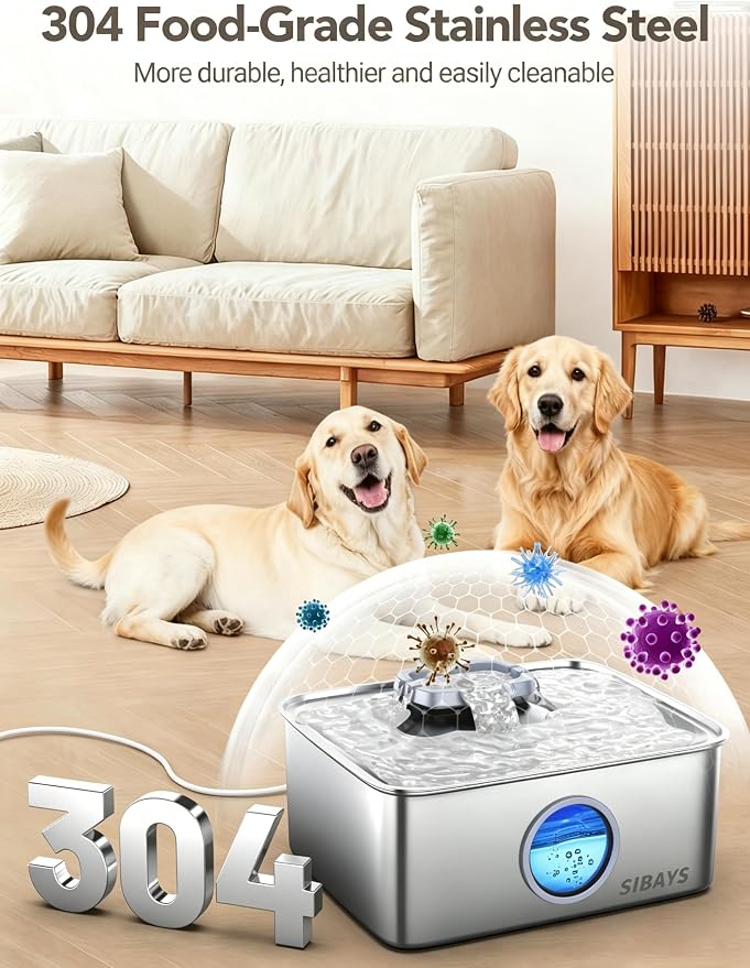 SIBAYS 4Gal/15L Dog Water Fountain, Stainless Steel Large Capacity Pet Water Fountain with Water Level LED Light, Automatic Quiet Dog Water Bowl Dispenser for Large Dogs & Multi-Pet Easy to Clean FS79