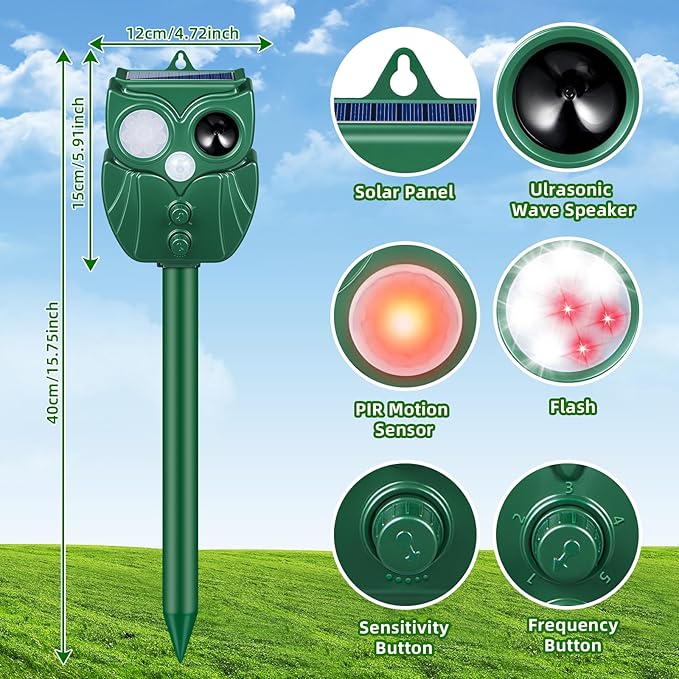 2 Pack Solar Animal Repeller: Ultrasonic Cat Repellent Outdoor with Motion Sensor - Waterproof Bear & Deer Deterrent with LED Flash - Effective Squirrel, Goose, Raccoon & Dog Repellent for Yard