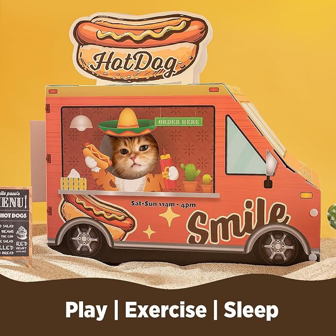 Cat Beds for Indoor Cats, Cardboard Cat House with Scratchers, Hot Dog Truck, Large Sturdy Cat Furniture Condo Cave Tent, Easy to Assemble Pet Toys Accessories Stuffs, Bunny Small Animals