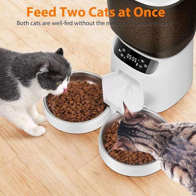 Automatic Cat Feeders for Two Cats, 5L/20 Cups Double Automatic Cat Food Dispenser with 2 Stainless Bowls, Timer Setting 20 Portions 6 Meals Per Day, 10s Meal Call (White)