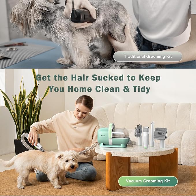 Afloia 6-in-1 Dog Grooming Vacuum Kit, Pet Clipper & Nail Grinder, Green | All-in-one grooming covers brushing, clipping, trimming and nail care, 1.5L dust cup, 3 suction levels, low-noise comfort