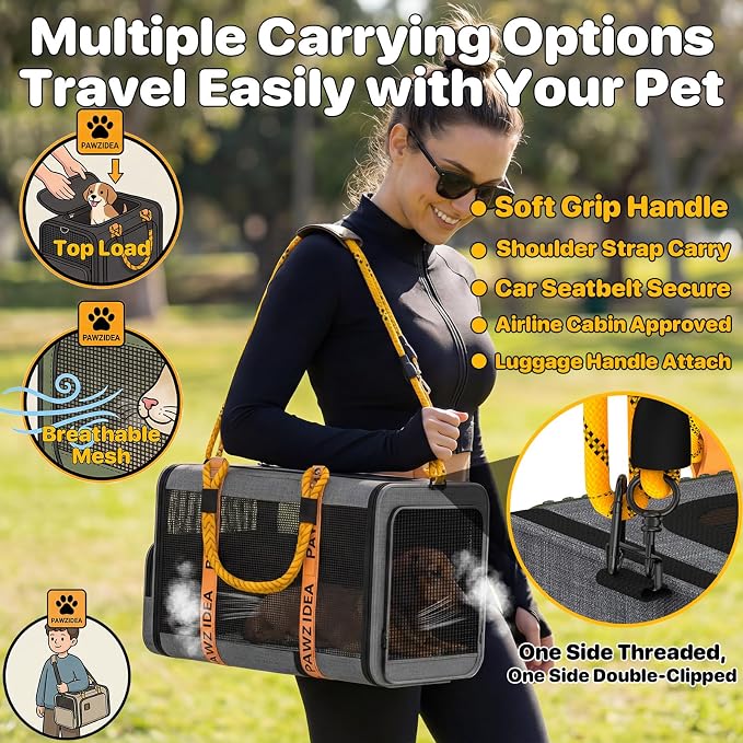 PAWZIDEA Expandable Pet Carrier for Small Cats & Dogs, TSA Airline Approved | 18"×11"×11" Soft-Sided Small Dog Travel Bag, Collapsible Top-Load Cat Carrier for 2 Cats Under Seat, Puppy Car Seat Up 15lbs
