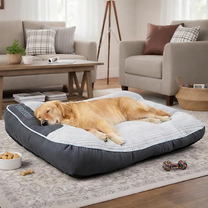 XL Dog Bed for Large Dogs Up to 110 lbs, Orthopedic Extra Giant Dog Sofa with Thick Plush Crate Mat & Bolster Pillow, Fluffy Washable Bed for Senior & Arthritic Dogs, Non-Slip Bottom, Grey 47"x37"