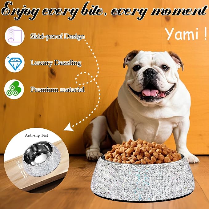 SlowVibes Bling Stainless Steel Dog Cat Bowl, Detachable, 12 oz | Rhinestone metal food or water bowl for small medium dogs and cats, rust-resistant non-slip puppy dish, sparkle pet essential