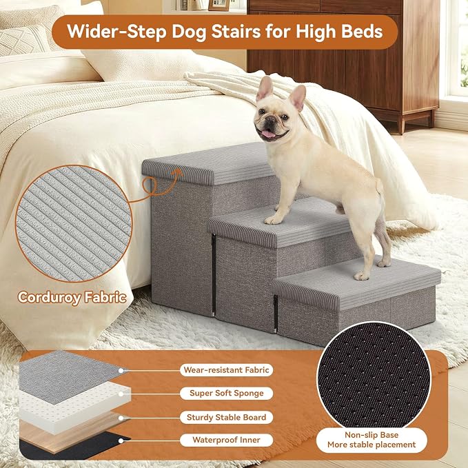 Zerbuger Dog Stairs with Storage, Grey Stripes Lids 3 Steps Ramp no Condo | 23" H Wider Dog Steps for High Beds Couch, Folding Storage Pet Stairs Gift for Climbing Small/Medium/Large Old Dogs Cats