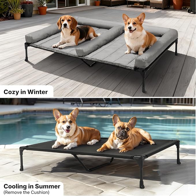 Veehoo Elevated Dog Bed for 2 Dogs, Cooling Raised Dog Bed with Bolster Mat | Outdoor Double Dog Bed with Removable Waterproof Cushion, Breathable Mesh, Non-Slip Feet for Outdoor & Indoor, 53", Grey