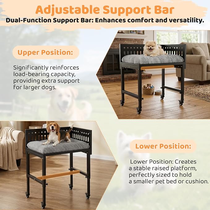 Beside Dog Bed,2 Panels Adjustable Height Dog Bunk Beds,26.8”x18.1” Metal Frame & Cushion, Converts to Bunk Bed or Bed Extension Attachment for Human Bed, for Small Dogs