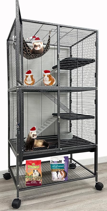 Large Two Full Story Deluxe Double Unit 4-Tiers Tight 1/2-Inch Bar Spacing Durable Front Doors Water Bottle Food Bowl for Feisty Ferret Squirrel Hammock Rat Gerbil Small Animal Critter Rolling Cage