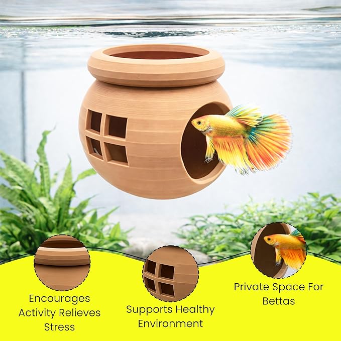 Floating Cozy Betta House, Natural Floating Betta Hide Out, Aquarium Fish Hammock, Relaxing & Stress Relief, Suction Cup Included, 2.9" W x 2.6" H (Natural Brown)