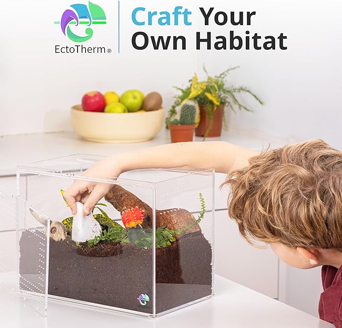 EctoTherm Terrestrial Terrarium - Tarantula Enclosure for Spider, Gecko, Frog, Snail & Small Reptiles - Acrylic Terrarium with Lid
