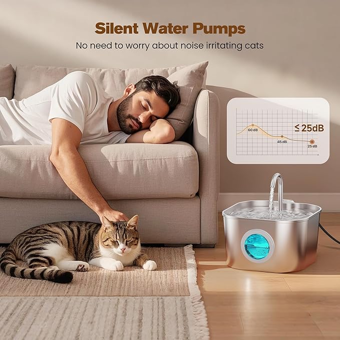 Cat Water Fountain Stainless Steel: Pet Fountains with 10 Filters + 10 Sponges 2.2L Cats Automatic Waterer Bowls for Drinking Small Dog Water Dispenser Indoor HOOISE Metal Kitty Watering Silent