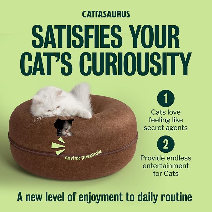 Peekaboo Cat Cave Donut for Multiple & Large Cats up to 30-45 lbs, 3-in-1 Self Warming Cat Bed, Tunnel & Scratcher for Indoor Cats, Washable & Detachable Small Dog Bed (Brown, Large)