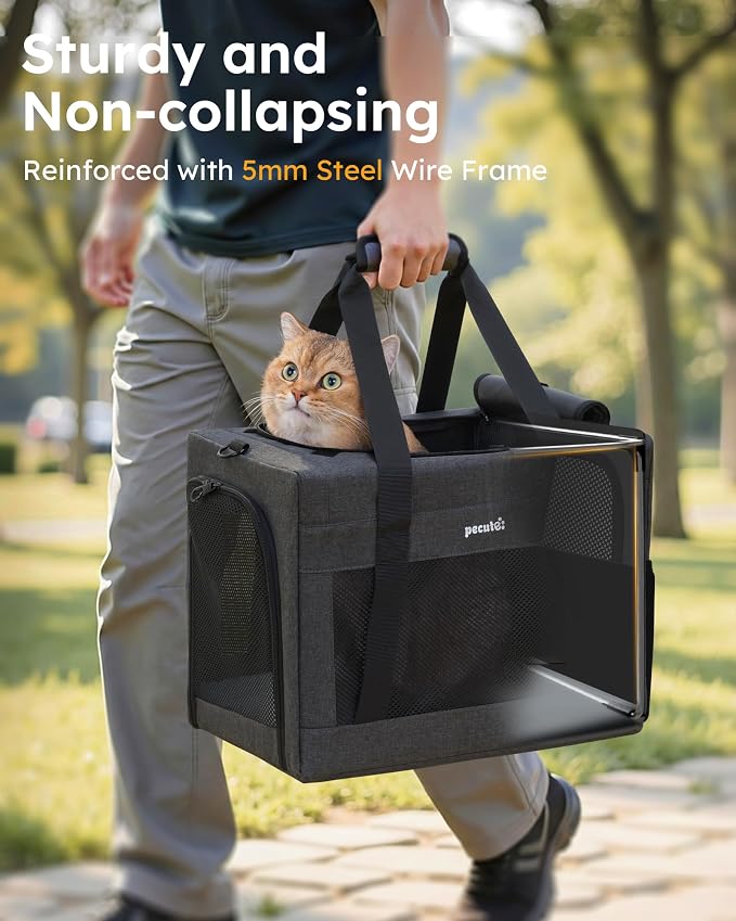 Pecute Cat Carrier, Portable Dog Carrier with Stable Structure, Dark Grey | Larger Space, 360° Ventilation & Comfort, Escape-Proof, for Travel / Car Trips / Vet Visits, Fits Cats up to 11 lbs