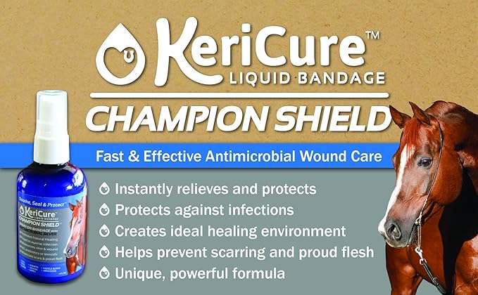 Champion Shield Silver Liquid Bandage Spray for Horses - 4oz Healing Silver Gel Spray for Livestock, Large Animal Wounds - Protective Sweatproof Barrier Blocks Flies - USEF Compliant Wound Protection