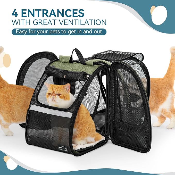 Petsfit Expandable Cat Backpack Carrier for Cats and Small Dogs, 18 lb | 65% expandable rest zone, padded waist belt, airflow back panel, locking zippers, safety tether and washable dual-sided mat.