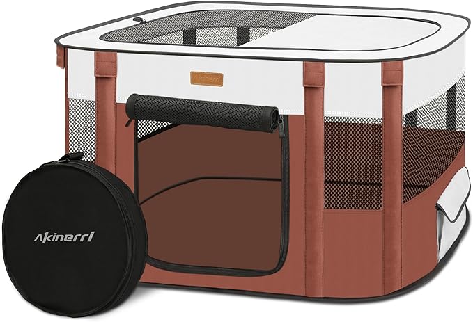 Dog Playpen - Foldable Cat Play Pens for Pubby, Kitten, Rabbit, Portable Pet Tent with Carring Bag for Indoor/Outdoor Travel Camping Brown X-Large