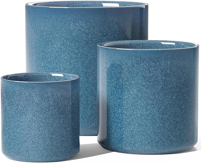 LE TAUCI 10+8+6 Inch Ceramic Pots for Plants, Indoor Planters with Drainage Hole and Plug, Modern Cylinder Flower Pots Set of 3 for Living Room and Bedroom, Glossy, Harbor Blue