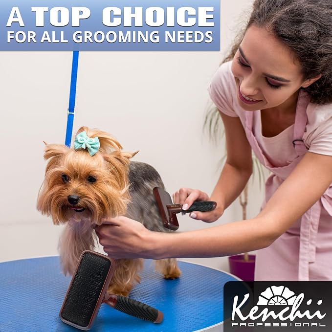 Kenchii Slicker Brush for Dogs, Professional Dog Grooming Brush for Loose Fur, Tangles, Long Short Haired, Stainless Steel Pins, Maplewood Handle, Large