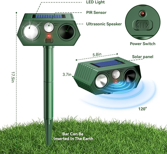 2026 Upgraded Solar Ultrasonic Animal Repeller Outdoor, Waterproof Motion Activated Repellent with Flash Light for Deer Cat Squirrel Raccoon Rabbit Dog Garden Yard (4-Pack)