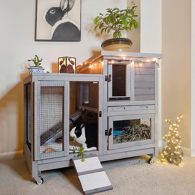 Aivituvin Rabbit Hutch Large Wooden Bunny House Guinea Pig Cages on Wheels, Two Trays, Indoor Outdoor
