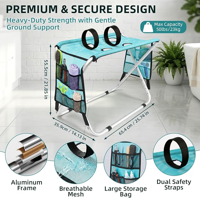 Dog Grooming Hammock with Stand, Dog Grooming Table for Senior Dogs Bath | 50 lbs Capacity, Ground Support Design, Heavy-Duty Aluminum Frame, Breathable Washable Mesh, Foldable Storage, Turquoise