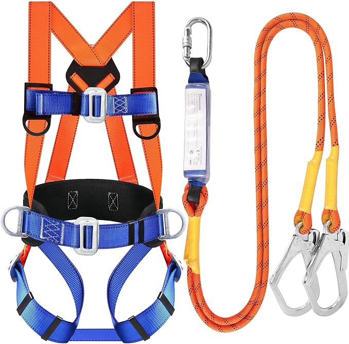 TT TRSMIMA Safety Harness Fall Protection Kit: Full Body Roofing harnesses | Men Construction Harness Kit with Shock Absorbing Lanyard - Updated Paded for Roof Work