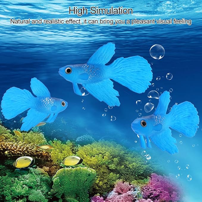 Fake Fish, Silicone Betta Fish Toys, Artificial Fish for Fish Bowl, Aquariums, Swimming Pools and Other Decoration (No. 3 Blue Betta)